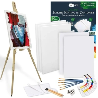 Imagen de Artina 30pc Set Pintura Acrílica Santorini &amp; Caballete Madera para Lienzos de 100 cm Malaga Kit con Lienzos, 12 Colores, Pinceles y Campo Portátil Principiantes Artistas
