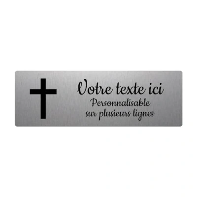 Imagen de Placa grabada funeraria, diseño de cruz cristiana autoadhesiva, 20 x 6,5 cm, personalizada, 1 a 3 líneas, aluminio cepillado