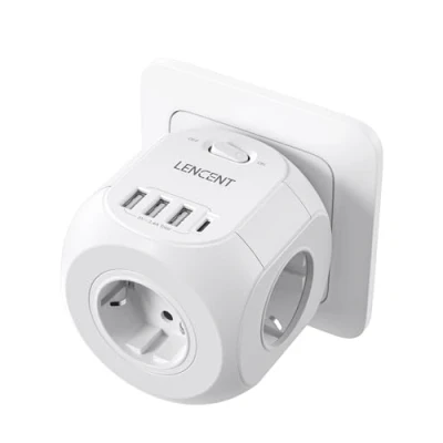 Imagen de LENCENT Cubo Enchufe USB 8 en 1, Ladron Enchufes 4000W, Múltiple Pared con 4 Tomas de CA, 3 USB, 1 Tipo C y Interruptor, Cargador para Oficina, Cocina Habitación