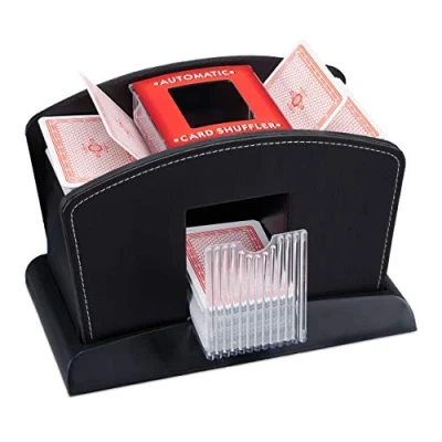 Imagen de Relaxdays, barajador de cartas negro eléctrico, cuero, 4 mazos, automático para barajar cartas, estándar