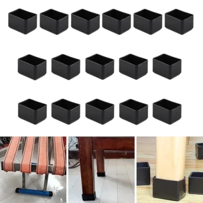 Imagen de 16 protectores rectangulares de silicona 20 x 40 mm, tapas negras para patas silla, muebles, taburete evitar arañazos en el suelo madera dura y