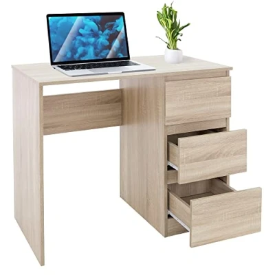 Imagen de ML Design Escritorio con 3 Cajones 90x76x50 cm Roble Sonoma Tapas de Gran Espacio Almacenamiento Mesa Trabajo para Ordenador Portátil PC en Oficina y Homeoffice