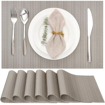 Imagen de Myir JUN Salvamanteles Individuales Juego de 6, Lavables Manteles Plásticos Vinil Esteras, Resistentes al Calor Antideslizante Fácil Limpiar y Impermeable 30x45cm (Plata Dorado)