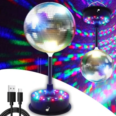 Imagen de Espejos giratorios de 6 pulgadas, bola discoteca, colgante plateada con purpurina base motor giratorio ajustable 5 RPM 9 RPM, 24 luces LED RGB, estado ánimo, DJ,