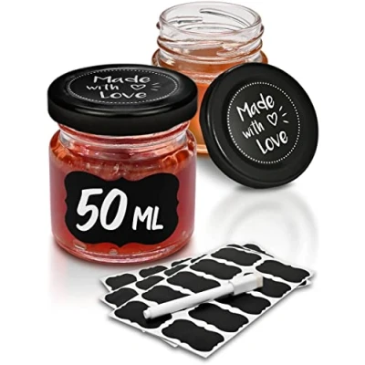 Imagen de Praknu 24 Mini Tarros de Cristal Con Tapa 50ml Etiquetas y Rotulador Herméticos Aptos para Lavavajillas Ideales Regalar