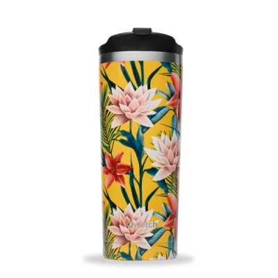 Imagen de QWETCH Travel Mug Isotérmica Tropicale Amarillo 470ml Taza de Acero Inoxidable para Café y Té 6h Caliente 12h Frío Sin BPA, Impermeable