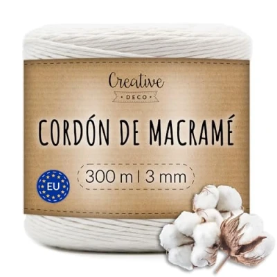 Imagen de Creative DECO 3mm x 300m Cuerda Macramé Hilo Algodón Blanca Espesor + 0.5 mm Cordón Rollo Grande Natural Grueso Fuerte Decoración Hornear Cocinar Manualidades Artesanía Bricolaje y Embalaje