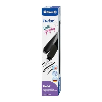 Imagen de Pelikan Twist Calligraphy, Pluma Estilográfica Ergonómica, para Diestros y Zurdos, Ideal Escribir Dibujar, Plumín de 1,5 mm en Acero Inoxidable, Cartucho Azul Largo Incluido, Recargable, Negro