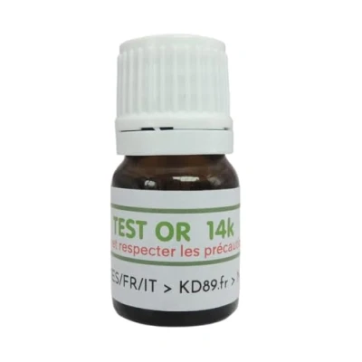 Imagen de KD89 Prueba reactiva/solución para probar oro, plata o platino con instrucciones en varios idiomas, experiencia joyas, monedas, lingotinos, 2,5 ml (14 k)