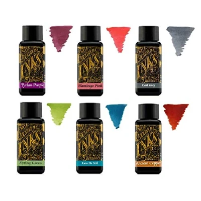Imagen de Diamine Tinta de Pluma Estilográfica 30ml Rueda Color 6 x Botellas Tyrian Purple, Flamingo Pink, Earl Grey, Spring Green, Eau Nil, Ancient Copper