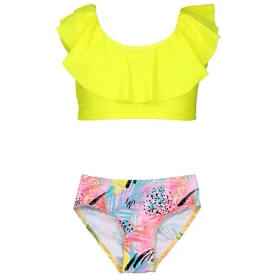 Imagen de Aquarti Conjunto de Bikini para Niñas Bustier Breve Traje Baño Dos Piezas, 037 Bikinis con Volantes Rose Yellow Leaves, 128