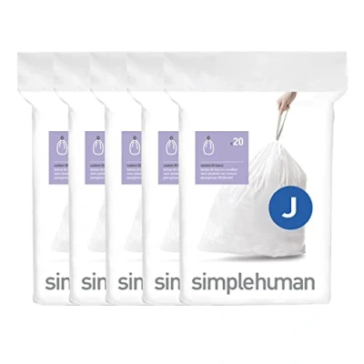 Imagen de simplehuman Code J Bolsas de basura con cordón ajustable en paquetes dispensadores, 100 unidades, 30 45 litros, 8 12 galones, color blanco