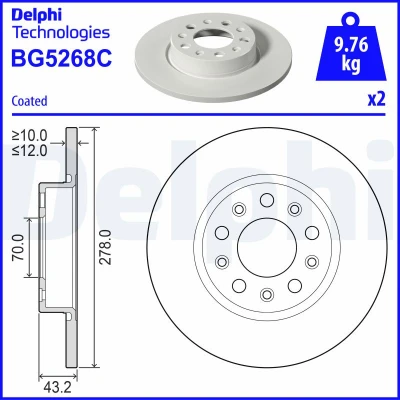 Imagen de DELPHI Disco de freno JEEP: Compass 278mm 12mm 5 macizo revestido BG5268C Discos freno,