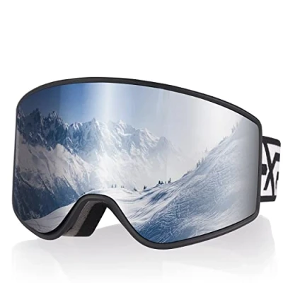 Imagen de EXP VISION Juego de gafas esquí para padres e hijos, antivaho, 100% protección UV, OTG, snowboard hombres, mujeres, jóvenes y niños (gafas adultos, plateadas)