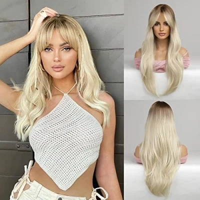 Imagen de Honygebia Peluca Rubia Clara con Flequillo Pelucas Rubias Platino Degradado para Mujeres Blancas, Cabello Sintético Largo y Liso resistente al Calor, Naturales Halloween/Navidad/Fiesta