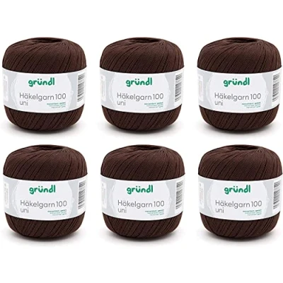 Imagen de Gründl Häkelgarn, Vorteilspack 6 Knäuel à 100 g Plain (Hilo de Ganchillo 100% Mercerizado, 566 m, tamaño Aguja: 1,5 2, x g), Chocolate, Algodón, Cioccolato, One Size, 600