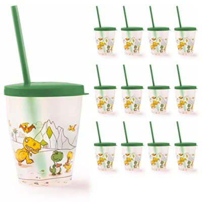 Imagen de Snips Juego de 12 vasos con pajita y tapa decoración dinosaurios 385 ml BPA Free Made in Italy