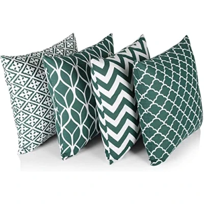 Imagen de Penguin Home 3479 Fundas de Cojín Cuadrado Doble Cara Decorativas 100% Algodón Cremallera Invisible 45 cm x 18&quot; (Juego 4, Patrón Verde Bosque/Blanco), 1