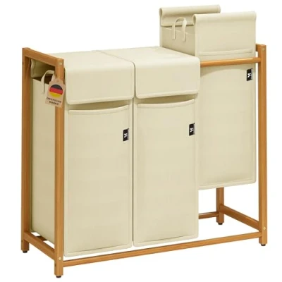 Imagen de AdelDream cesto de ropa clasificador prendas con 3 compartimentos sucia desmontable recolector objetos bambú 150L color beige