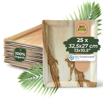 Imagen de BIOZOYG 25x bandeja desechable de hoja palma 32,5 x 27 cm vajilla, plato compostable vajilla para fiestas