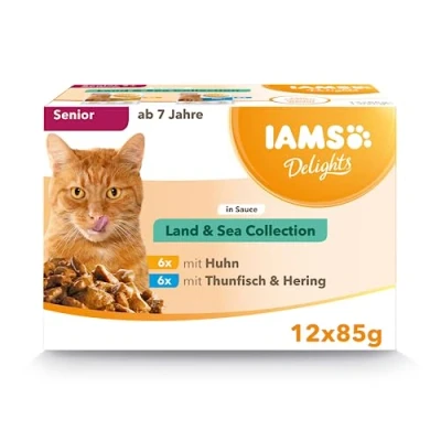 Imagen de IAMS Advanced Nutrition Land &amp; Sea Collection Alimento húmedo en salsa, para gatos senior con diversos sabores a carne y pescado, 12 x 85g