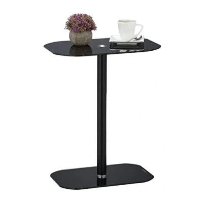 Imagen de Relaxdays Mesa Auxiliar, Vidrio y Acero, 54,5 x 44,5 29,5 cm, Mesita Café, Tablero Cristal, Bordes Redondeados, Negro