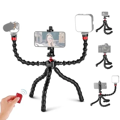 Imagen de NEEWER T91 Trípode Flexible con Dos Brazos Mágicos, Mini Viaje Obturador/Clamp Móvil/Soporte para Cámara Acción Compatible GoPro Hero 12 iPhone 15 14 Pro MAX Sony a7c, Máx Carga 2kg