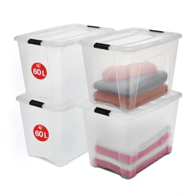 Imagen de Iris Ohyama 4 Cajas de Almacenaje Plastico con Tapa, 60L, Transparente, Clips Cierre, Duradero, Apilable, para Dormitorio, Armario, Oficina, Organizadora, Ropa, Libre BPA, NTB 60