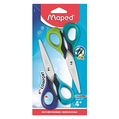 Imagen de Maped Juego de 2 pares Tijeras Sensoft 13 cm para niños con anillos simétricos interiores flexibles escolares a partir 4 años Azul + Verde