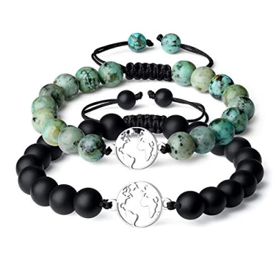 Imagen de COAI Pulsera de Larga Distancia para Pareja Novios con Cuentas Ónice y Turquesa Africana Piedras Naturales Amuleto Globo