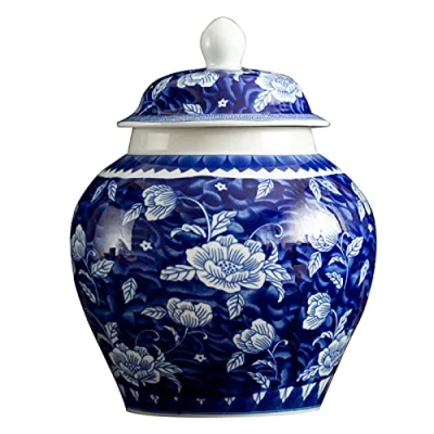Imagen de fanquare Jarrón Jingdezhen de Porcelana Azul y Blanca, Florero Hecho a Mano con Diseño Loto la Suerte, Altura 23cm
