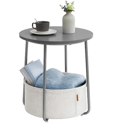 Imagen de VASAGLE Mesa Auxiliar, Lateral Redonda con Cesta de Tela, Espaciosa, para Salón, Dormitorio, Mesita Noche, Estilo Moderno, Gris Cemento y Blanco Crema LET223G49