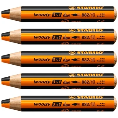 Imagen de STABILO Lápiz de color, cera y acuarela woody 3 en 1 duo Mina bicolor Caja con 5 unidades Colores naranja/negro