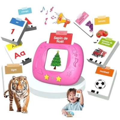 Imagen de HOMESTEC Juguetes de Aprendizaje del Habla para niños, Tarjetas Flash realistas mejoradas, Palabras visuales con Sonidos, Acento francés, Kit Educativo Montessori niños en Edad Preescolar (Rosa)