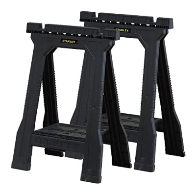 Imagen de STANLEY Pack de 2 caballetes plegables Junior, ligeros y compactos, con ranura en V, patas antideslizantes bandeja almacenamiento, dimensiones 57,1x6,3x81,8 cm, STST1 70355