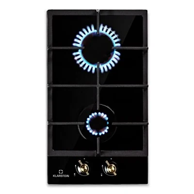 Imagen de Placa a gas butano Victoria, empotrada, quemador Sabaf, natural/propano, desconexión automática, soporte para ollas de hierro fundido, vitrocerámica aspecto retro, 2 fuegos, color negro