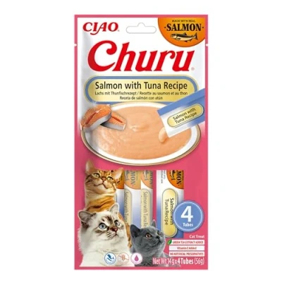 Imagen de INABA Snack para Gatos Salmón y Atún con extracto de atún, Vitamina E té Camelia Textura Suave Alto Contenido Humedad Disfrute Natural