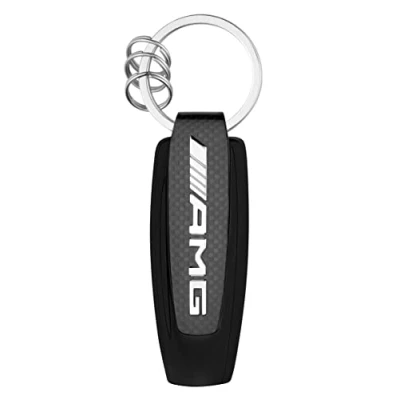 Imagen de Mercedes Benz AMG, Llavero coche y moto, plata, rojo negro. Acero inoxidable fibra de carbono. Anilla abierta plana con tres pequeñas anillas adicionales. Producto Oficial.