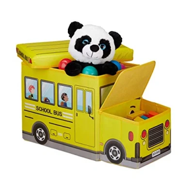 Imagen de Relaxdays Baúl Para juguetes, Taburete infantil plegable, Caja con compartimento, niños y niños, Forma de autobús, 50 L, Autobús escolar