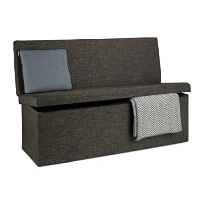 Imagen de Relaxdays Baúl Almacenamiento, Banco con Respaldo, Puff Asiento Almacenaje, Taburete, Lino, 1 Ud, 73x114x38 cm, Marrón, Poliéster