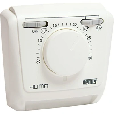 Imagen de VEMER VE268900 Termostato Mecánico de Membrana Gas para Fan Coils, Función Calefacción/Aire Acondicionado, Selector 3 Velocidades e Interruptor Off, Blanco