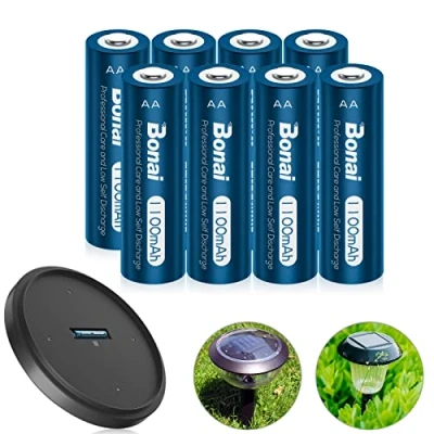 Imagen de BONAI Pilas AA Recargables 1100mAh Traje For Luz Solar, de Jardín, Baja Capacidad 1.2V NI MH Precargadas Autodescarga (8 Piezas)