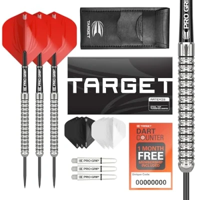 Imagen de Target Darts Artemis 24G Juego de Dardos con Punta Acero tungsteno 6 Cañas Pro Grip 9 Vuelos Ultra Cartera Dart Counter App Coupon Bundle