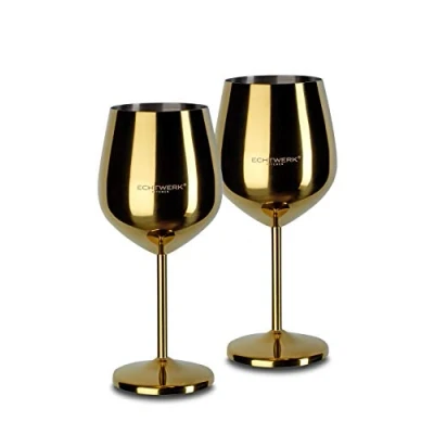Imagen de ECHTWERK copas de vino acero inoxidable inastillables, juego vino, tinto, camping, robustas, irrompibles, Edición Oro, 2 piezas, 21x 7,3cm, 0,5L