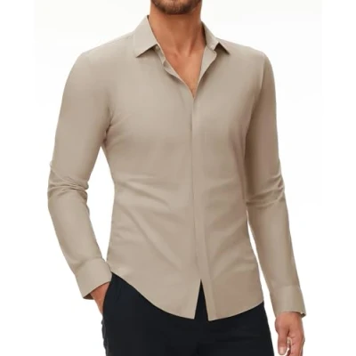 Imagen de DEMEANOR camisa elástica de manga larga para hombre, corte ajustado, negocios, sin planchado, informal caqui, 3XL