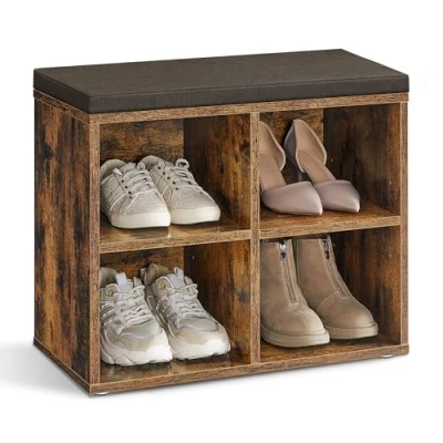Imagen de VASAGLE Banco Zapatero, Organizador Zapatero con 4 Compartimentos y 2 Estantes Ajustables, Asiento Acolchado, Compacto, para Entrada, Pasillo, Armario, Marrón Rústico LHS234K01