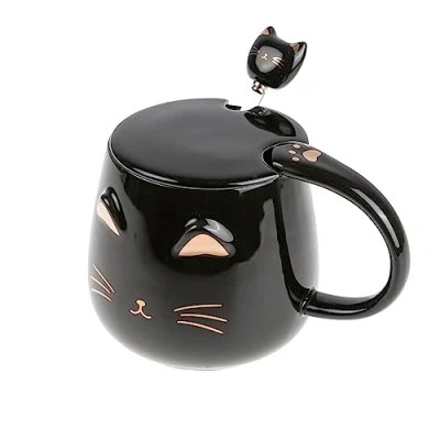 Imagen de lachineuse TAZA GATO KAWAII Tinte negro Con tapa y cuchara