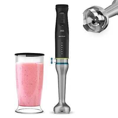 Imagen de Cecotec Batidora de Mano Katana 15 TotalDestroy Jar B. 1500 W, 21 Velocidades y Turbo, Sistema dobles cuchillas, 4 hojas con Titanio Negro, Antisalpicaduras, Vaso 800 ml