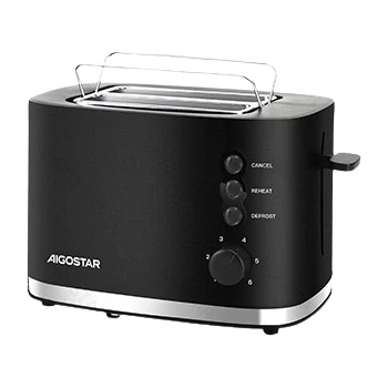 Imagen de Aigostar Energy Tostadora de 2 Ranuras con Rejilla Calientabollos Incorporada, Extra Anchas, 6 Niveles Tostado, 3 Funciones, Descongelación, Bandeja Recogemigas, Libre BPA, Negro