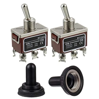 Imagen de BOJACK RT1321 Interruptor de palanca 125V 20A 250V 15A DPDT ON basculante 6 terminales con tapa metal a prueba agua (paquete 2 piezas)